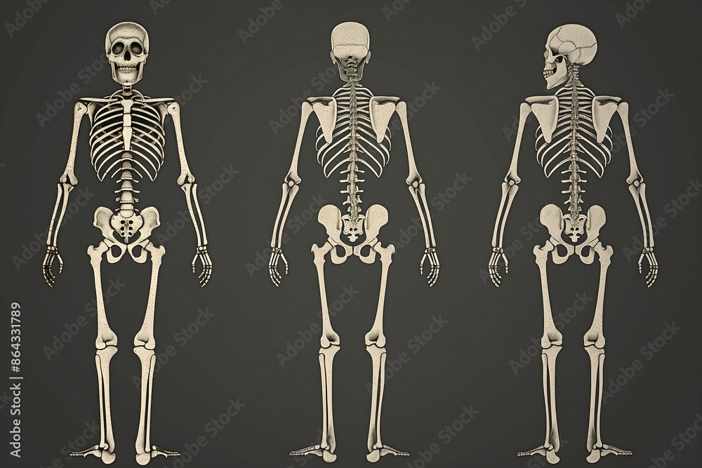 Front, back, and side views of human skeleton on dark background, detailed anatomical model, medical illustration, skeletal structure, educational reference, realistic bones, scientific diagram
Front, back, and side views of human skeleton on dark background, detailed anatomical model, medical illustration, skeletal structure, educational reference, realistic bones, scientific diagram