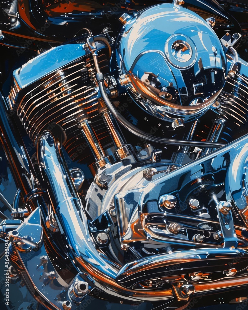 Close-up of a shiny, metallic motorcycle engine with intricate details and polished chrome surfaces reflecting light. Close-up of a shiny, metallic motorcycle engine with intricate details and polished chrome surfaces reflecting light.