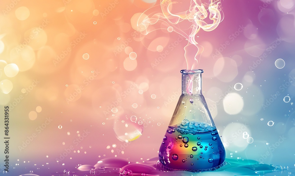 Clean and simple design featuring smoke and bubbles emanating from a flask filled with colorful liquids Clean and simple design featuring smoke and bubbles emanating from a flask filled with colorful liquids