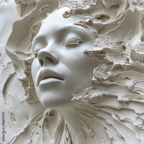 A serene plaster sculpture of a woman's face emerging from a background of textured, flowing material, evoking a sense of calm and tranquility.