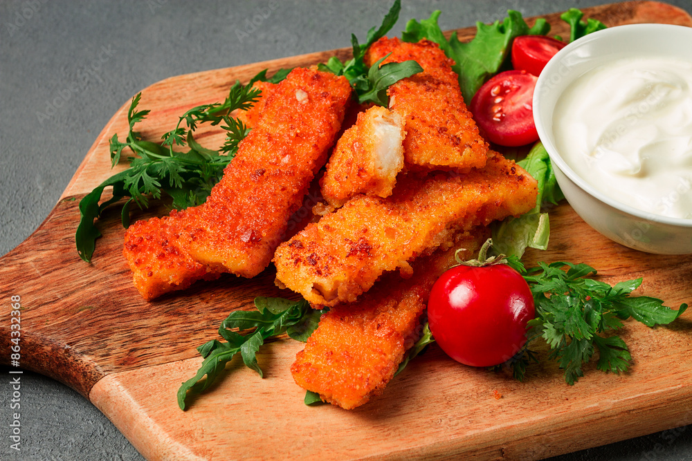 fried fish nuggets, with white sauce, arugula and cherry, no people, fried fish nuggets, with white sauce, arugula and cherry, no people,