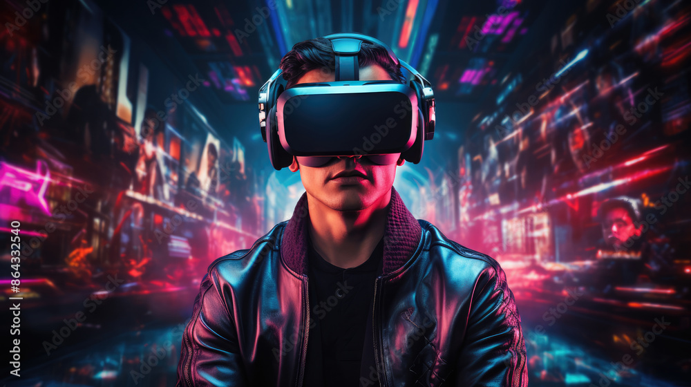 generated illustration of man with a MR headset and experiencing virtual reality generated illustration of man with a MR headset and experiencing virtual reality