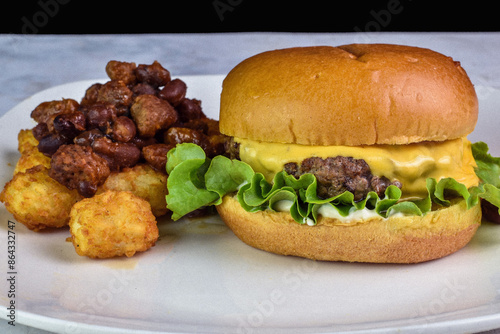 cheese burger tater tots top with chilli photo