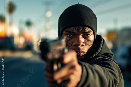 Young gang member holding agun