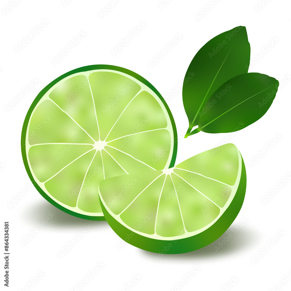 Realistic lime slices isolated fruit with leaves on transparent background. Realistic lime slices isolated fruit with leaves on transparent background.