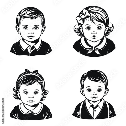 Black and white vintage baby portraits vector cartoon illustration. Detailed faces of boys and girls with different hairstyles and accessories.