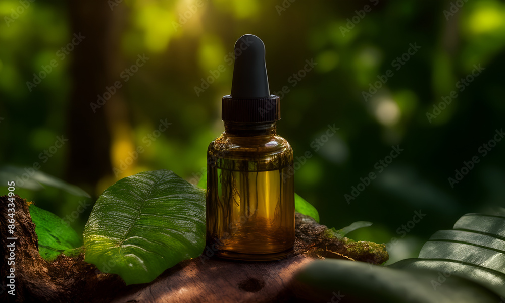 Serum container in amber glass with a dropper against a backdrop of nature. It's a skin care product for the face. Generative AI Serum container in amber glass with a dropper against a backdrop of nature. It's a skin care product for the face. Generative AI