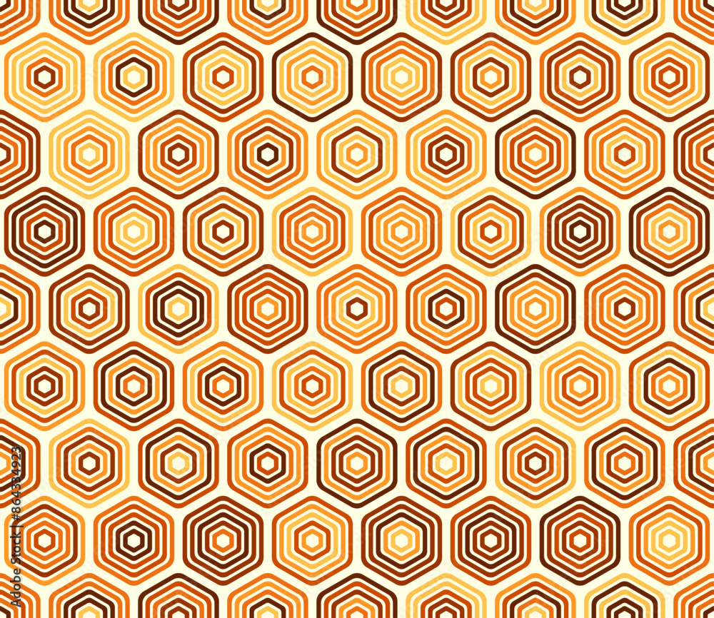 Tileable hexagon pattern featuring bold, rounded, stacked hexagons in a mosaic design with orange color tones. Seamless vector illustration. Tileable hexagon pattern featuring bold, rounded, stacked hexagons in a mosaic design with orange color tones. Seamless vector illustration.