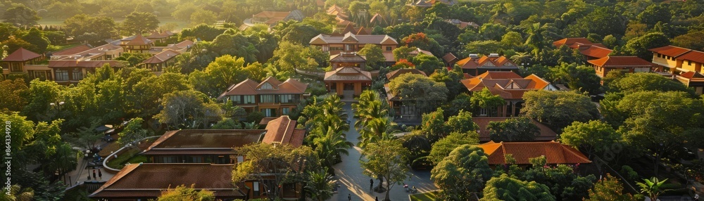 Aerial view of a lush green residential area with red-roofed houses surrounded by dense vegetation, taken at sunrise.