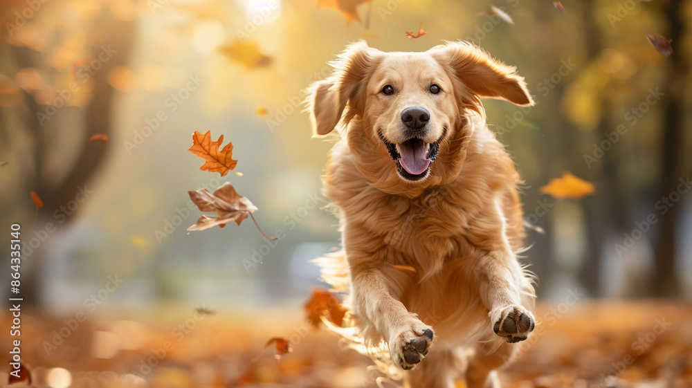 A happy Golden Retriever dog running and jumping in the air with autumn leaves flying around.