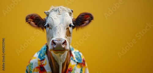 Cow in a Hawaiian shirt with a yellow background © jaykoppelman