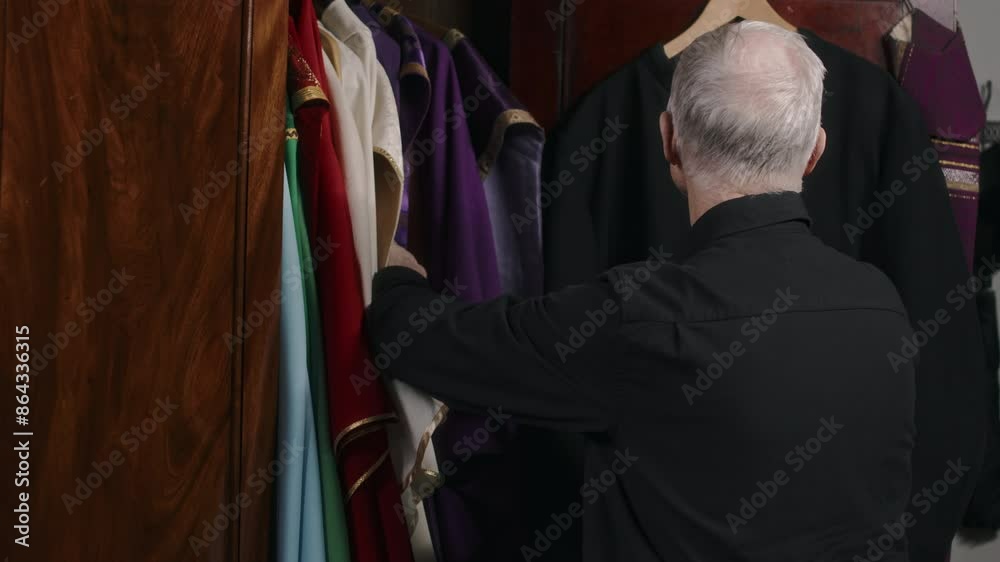 Senior gray-haired priest choosing cassock and getting dressed before going to church Senior gray-haired priest choosing cassock and getting dressed before going to church
