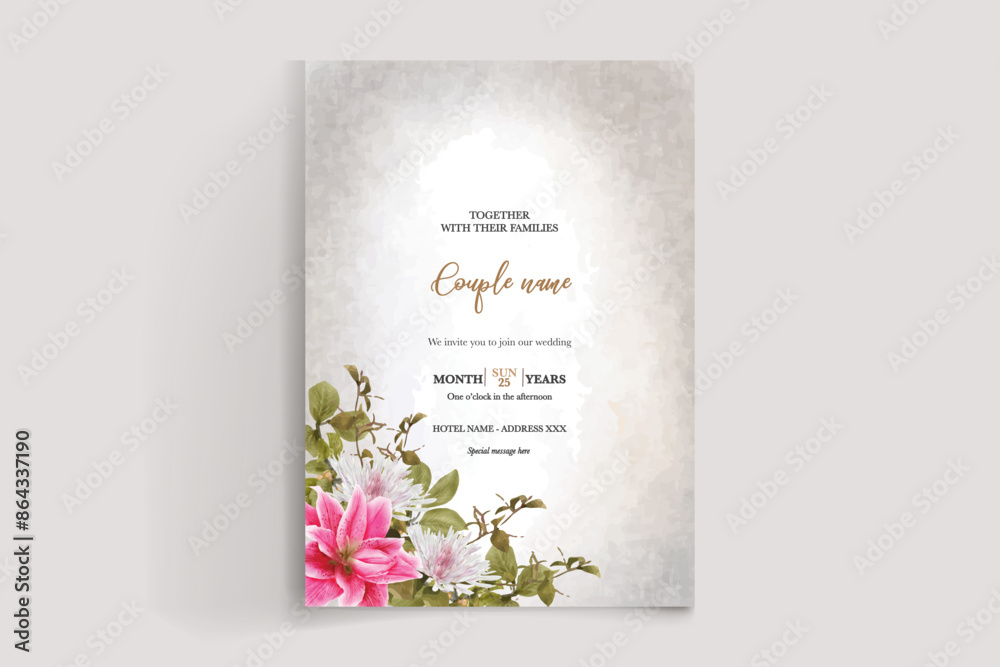 WEDDING INVITATION FRAME WITH FLOWER DECORATIONS AND FRESH LEAVES WEDDING INVITATION FRAME WITH FLOWER DECORATIONS AND FRESH LEAVES