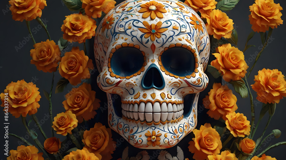 Generative AI 3D Rendered Calavera (Sugar Skull) in a traditional style for Dia de Los Muertos (Day of the dead). Flowers and skeleton computer generated to replicate photorealism and hyperrealism Generative AI 3D Rendered Calavera (Sugar Skull) in a traditional style for Dia de Los Muertos (Day of the dead). Flowers and skeleton computer generated to replicate photorealism and hyperrealism