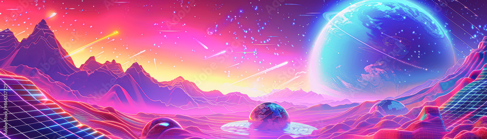 Fototapeta premium A colorful, futuristic landscape with a large planet in the background