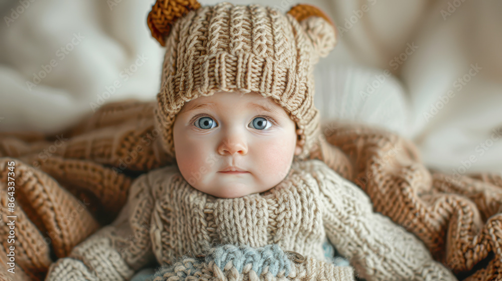 A baby wearing a brown hat and a brown sweater A baby wearing a brown hat and a brown sweater