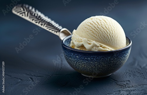 Single Scoop of Vanilla Ice Cream in Blue Bowl on Dark Background