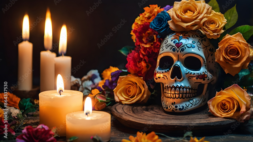 Generative AI 3D Rendered Calavera (Sugar Skull) in a traditional style for Dia de Los Muertos (Day of the dead). Flowers and skeleton computer generated to replicate photorealism and hyperrealism Generative AI 3D Rendered Calavera (Sugar Skull) in a traditional style for Dia de Los Muertos (Day of the dead). Flowers and skeleton computer generated to replicate photorealism and hyperrealism