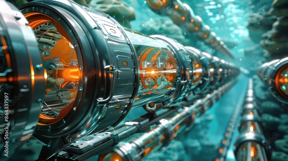 High-speed train passing through an underwater tunnel.