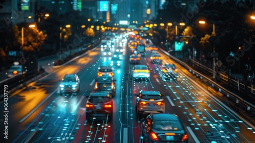 Aerial view of a bustling city highway at night.