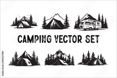 Camping tent Bundle silhouette vector.  Tent and tree vector Byndle. 