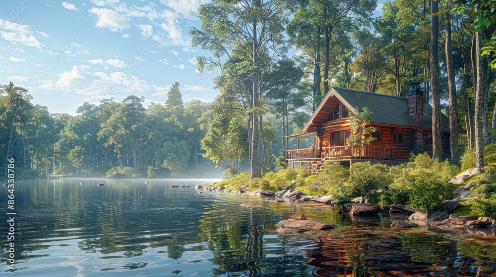 A cabin is situated on a lake with a view of the trees A cabin is situated on a lake with a view of the trees