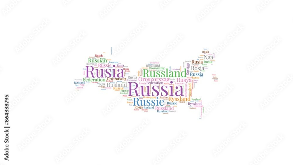 Russia shape word cloud animation. Country boundary filled with country names animated. Russia presentation video. Russia shape word cloud animation. Country boundary filled with country names animated. Russia presentation video.