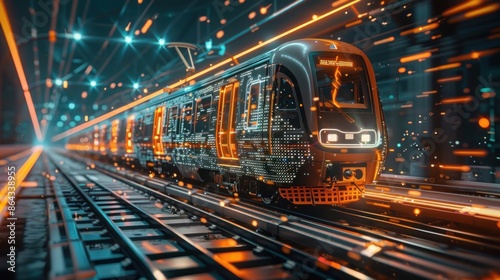 Futuristic train traveling through a vibrant cityscape at night.
