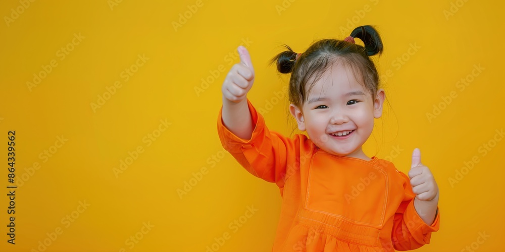Cheerful Asian Girl in Bright Orange Outfit Giving Double Thumbs Up Against a Vibrant Yellow Background with Ample Copy Space Cheerful Asian Girl in Bright Orange Outfit Giving Double Thumbs Up Against a Vibrant Yellow Background with Ample Copy Space