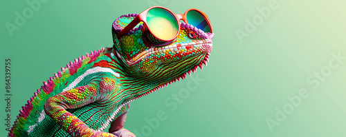 A colorful chameleon wearing sunglasses against a green background, with copy space on the right side. The chameleon' skin is in vibrant colors like pink and orange. He has his head tilted to one side © pikshine