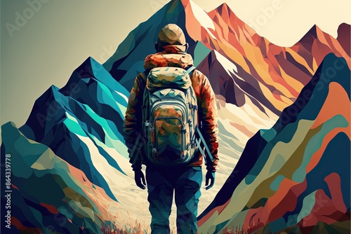 Man in hiking gear facing a mountain photo