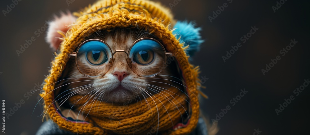 Cat in yellow knit hat and glasses Cat in yellow knit hat and glasses