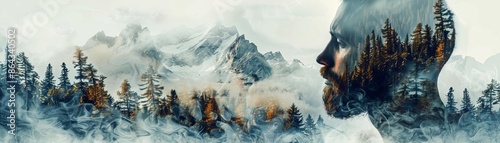 Double exposure of a bearded man and mountain landscape blending nature and human elements in a serene, artistic way. photo