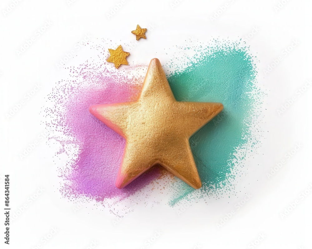 Golden star with colorful splashes of paint on white background, representing creativity and celebration. Golden star with colorful splashes of paint on white background, representing creativity and celebration.