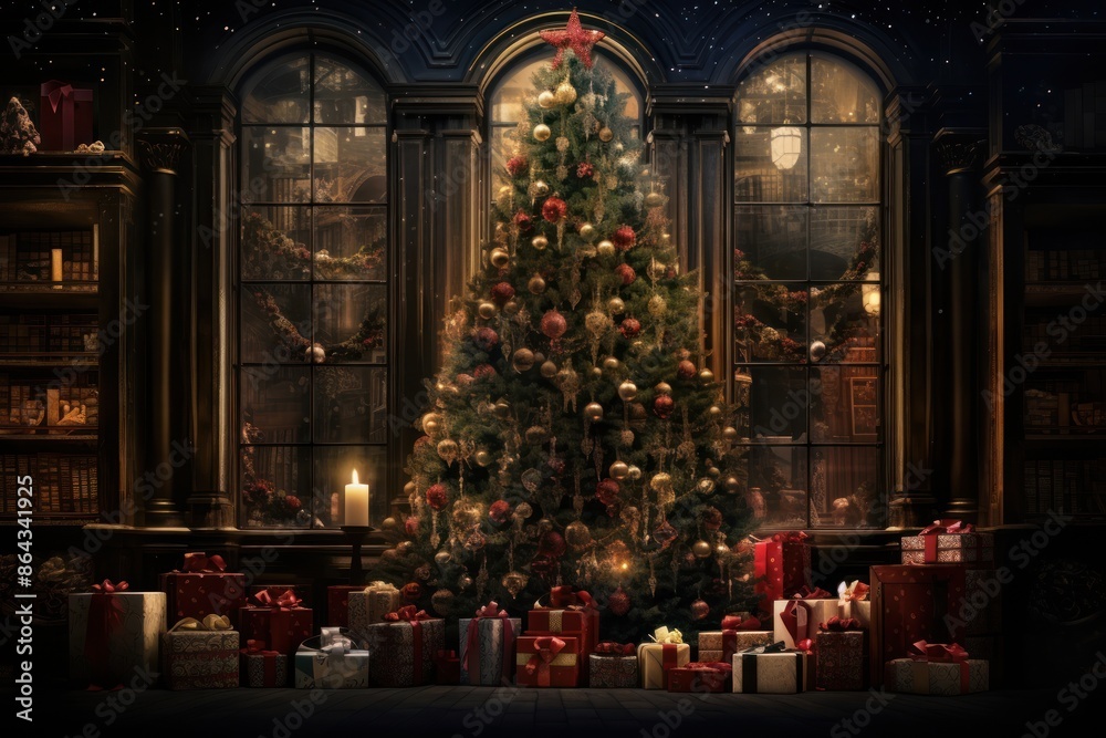 Christmas Festival: Presenting a Christmas tree decorated with lights, decorations, and gifts, conveying a warm, happy atmosphere. Christmas Festival: Presenting a Christmas tree decorated with lights, decorations, and gifts, conveying a warm, happy atmosphere.