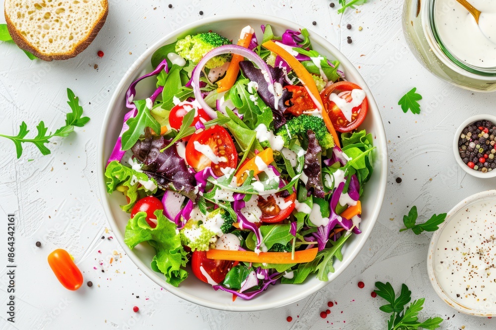 Colorful vegetable salad in a bowl On a white background, shows salad dressing. Colorful vegetable salad in a bowl On a white background, shows salad dressing.