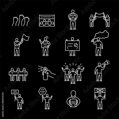 Protests, white line icons. Icons depicting demonstrations and people with signs and banners. Essential for social and political themes. Symbols on black background. Editable stroke.