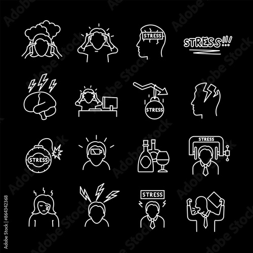 Stress, white line icons. Icons representing stressful conditions and symptoms. Essential for health and wellness themes. Symbols on black background. Editable stroke.
