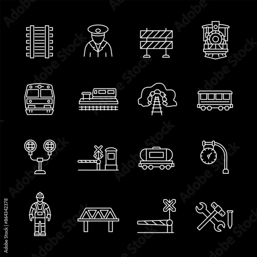 Trains, white line icons. Railway and train symbols. transportation and travel themes. Symbols on black background. Editable stroke.