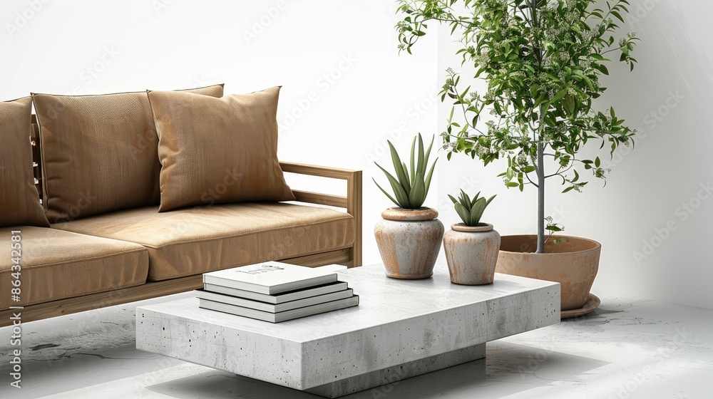 A concrete coffee table with a stack of design books, and a decorative plant on a solid white background, minimal space. Generative AI. A concrete coffee table with a stack of design books, and a decorative plant on a solid white background, minimal space. Generative AI.