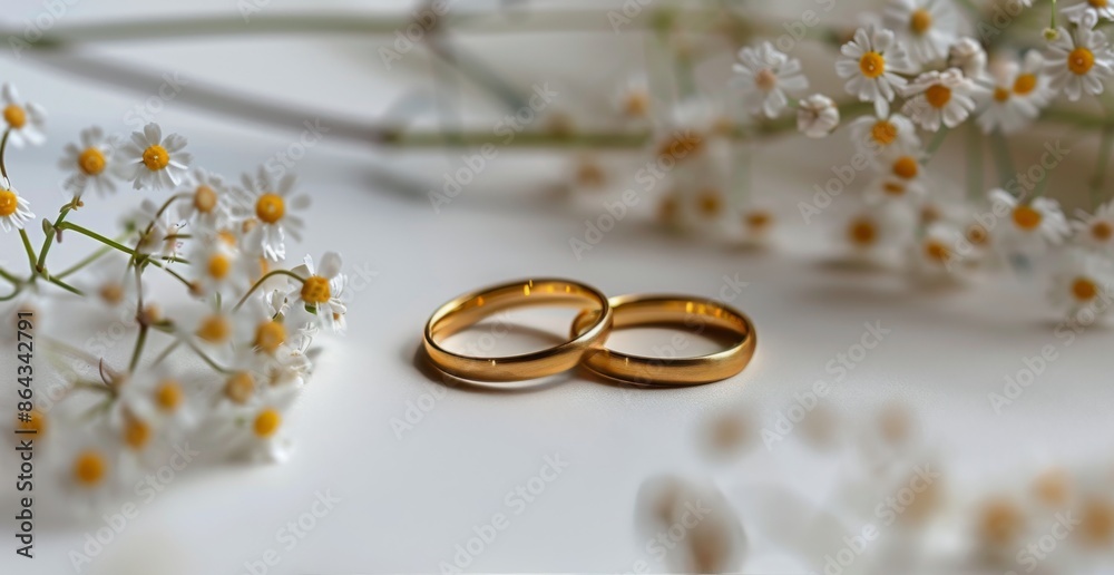 Two Gold Wedding Bands With Diamond Accents Resting on White Surface With Blurred Flowers Two Gold Wedding Bands With Diamond Accents Resting on White Surface With Blurred Flowers