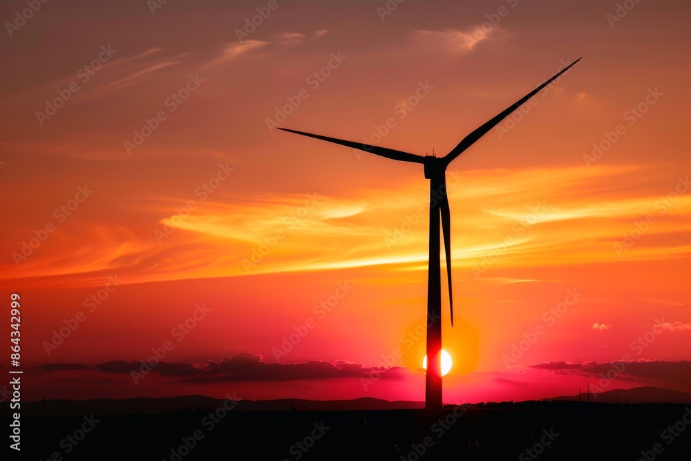 Obraz premium A silhouette of a wind turbine against a vibrant sunset backdrop.