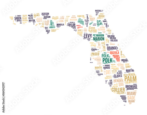 Florida Word Cloud. State shape with county division. Florida typography style image. County names tag clouds. Vector illustration.