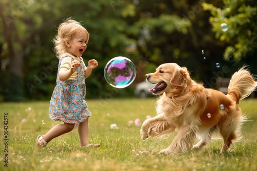 A playful child blows soap bubbles excitedly as their dog excitedly jumps and tries to catch. photo