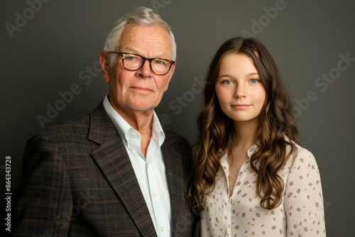 Head and shoulders portrait of grandfather and granddaughter looking at camera against dark background in studio, closeup.