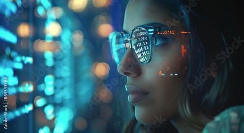 Woman Wearing Glasses Looking at a Computer Screen Filled With Blue Data