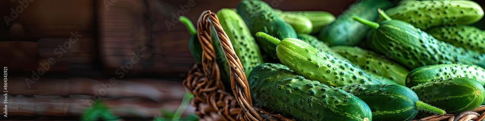 The cucumber in the wicker basket on the background of nature. Selective focus
