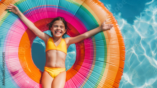 Happy latina girl in bright yellow swimsuit lyind on a rainbow colored pool float. Concept: childhood joy, school summer holidays, swimming. photo