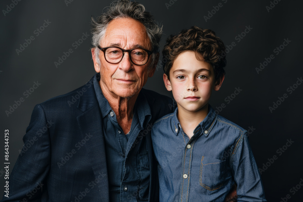 Head and shoulders portrait of grandfather and grandson looking at camera against dark background in studio, closeup. Head and shoulders portrait of grandfather and grandson looking at camera against dark background in studio, closeup.