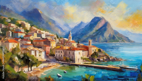 oil painting of a small town by the sea and ocean with the shore, big beautiful mountains, summer holidays holidays sun